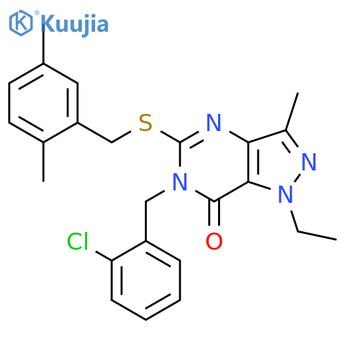 6-[(2-chlorophenyl)methyl]-5-{[(2,5-dimethylphenyl)methyl]sulfanyl}-1-ethyl-3-methyl-1H,6H,7H-pyrazolo[4,3-d]pyrimidin-7-one structure