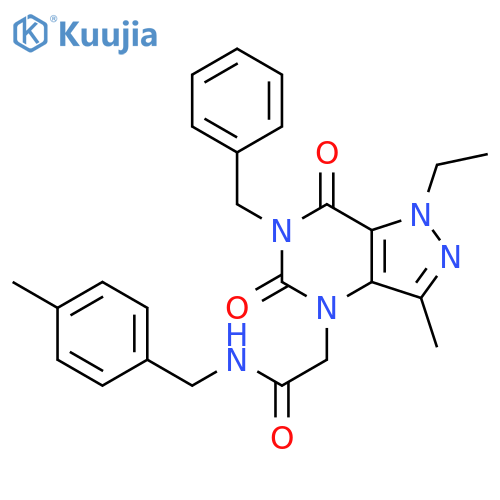 2-{6-benzyl-1-ethyl-3-methyl-5,7-dioxo-1H,4H,5H,6H,7H-pyrazolo[4,3-d]pyrimidin-4-yl}-N-[(4-methylphenyl)methyl]acetamide structure