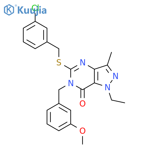 5-{[(3-chlorophenyl)methyl]sulfanyl}-1-ethyl-6-[(3-methoxyphenyl)methyl]-3-methyl-1H,6H,7H-pyrazolo[4,3-d]pyrimidin-7-one structure