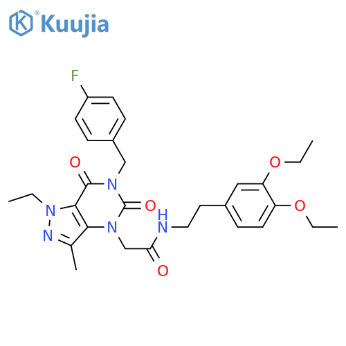 N-[2-(3,4-diethoxyphenyl)ethyl]-2-{1-ethyl-6-[(4-fluorophenyl)methyl]-3-methyl-5,7-dioxo-1H,4H,5H,6H,7H-pyrazolo[4,3-d]pyrimidin-4-yl}acetamide structure