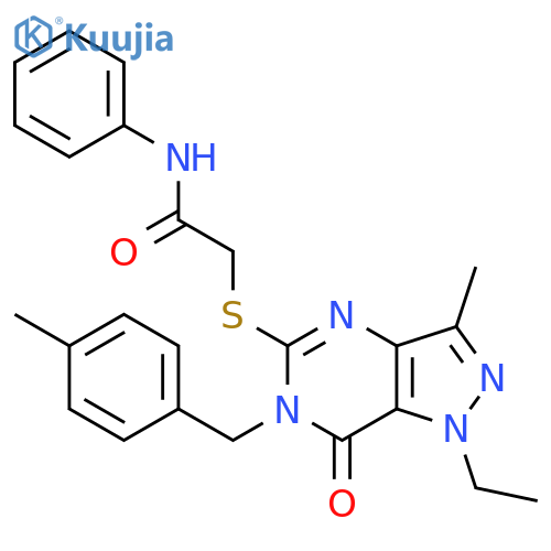 2-({1-ethyl-3-methyl-6-(4-methylphenyl)methyl-7-oxo-1H,6H,7H-pyrazolo4,3-dpyrimidin-5-yl}sulfanyl)-N-phenylacetamide structure