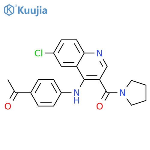 1-(4-{[6-chloro-3-(pyrrolidine-1-carbonyl)quinolin-4-yl]amino}phenyl)ethan-1-one structure