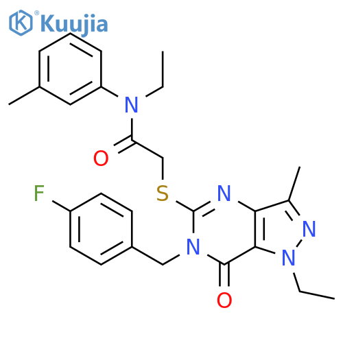 N-ethyl-2-({1-ethyl-6-(4-fluorophenyl)methyl-3-methyl-7-oxo-1H,6H,7H-pyrazolo4,3-dpyrimidin-5-yl}sulfanyl)-N-(3-methylphenyl)acetamide structure