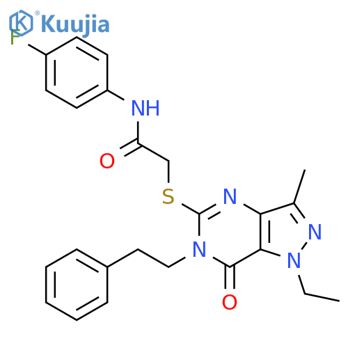2-{[1-ethyl-3-methyl-7-oxo-6-(2-phenylethyl)-1H,6H,7H-pyrazolo[4,3-d]pyrimidin-5-yl]sulfanyl}-N-(4-fluorophenyl)acetamide structure