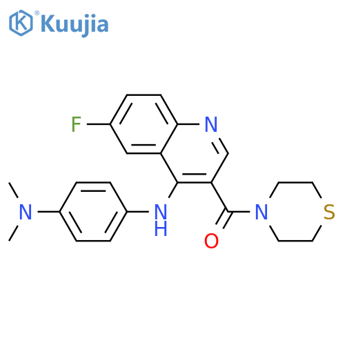N4-[6-fluoro-3-(thiomorpholine-4-carbonyl)quinolin-4-yl]-N1,N1-dimethylbenzene-1,4-diamine structure