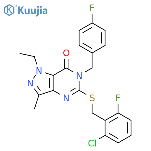 5-{[(2-chloro-6-fluorophenyl)methyl]sulfanyl}-1-ethyl-6-[(4-fluorophenyl)methyl]-3-methyl-1H,6H,7H-pyrazolo[4,3-d]pyrimidin-7-one structure