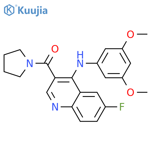 N-(3,5-dimethoxyphenyl)-6-fluoro-3-(pyrrolidine-1-carbonyl)quinolin-4-amine structure