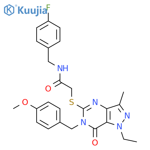 2-({1-ethyl-6-[(4-methoxyphenyl)methyl]-3-methyl-7-oxo-1H,6H,7H-pyrazolo[4,3-d]pyrimidin-5-yl}sulfanyl)-N-[(4-fluorophenyl)methyl]acetamide structure
