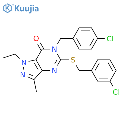 6-[(4-chlorophenyl)methyl]-5-{[(3-chlorophenyl)methyl]sulfanyl}-1-ethyl-3-methyl-1H,6H,7H-pyrazolo[4,3-d]pyrimidin-7-one structure