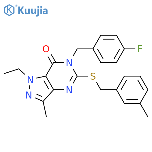 1-ethyl-6-[(4-fluorophenyl)methyl]-3-methyl-5-{[(3-methylphenyl)methyl]sulfanyl}-1H,6H,7H-pyrazolo[4,3-d]pyrimidin-7-one structure