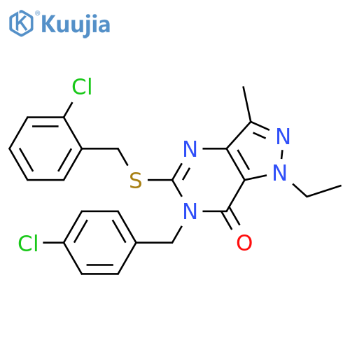 6-[(4-chlorophenyl)methyl]-5-{[(2-chlorophenyl)methyl]sulfanyl}-1-ethyl-3-methyl-1H,6H,7H-pyrazolo[4,3-d]pyrimidin-7-one structure