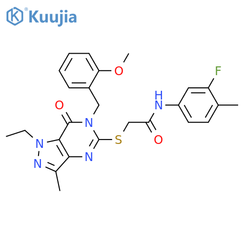 2-({1-ethyl-6-[(2-methoxyphenyl)methyl]-3-methyl-7-oxo-1H,6H,7H-pyrazolo[4,3-d]pyrimidin-5-yl}sulfanyl)-N-(3-fluoro-4-methylphenyl)acetamide structure