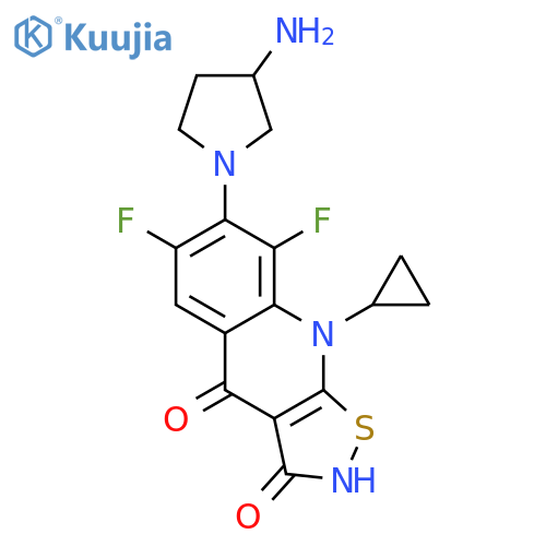 7-(3-aminopyrrolidin-1-yl)-9-cyclopropyl-6,8-difluoro[1,2]thiazolo[5,4-b]quinoline-3,4(2H,9H)-dione structure