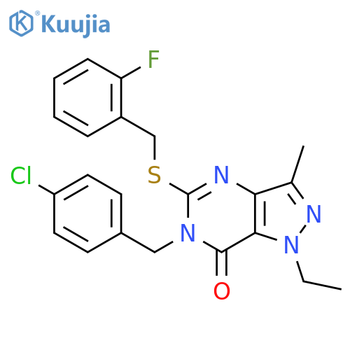 6-[(4-chlorophenyl)methyl]-1-ethyl-5-{[(2-fluorophenyl)methyl]sulfanyl}-3-methyl-1H,6H,7H-pyrazolo[4,3-d]pyrimidin-7-one structure