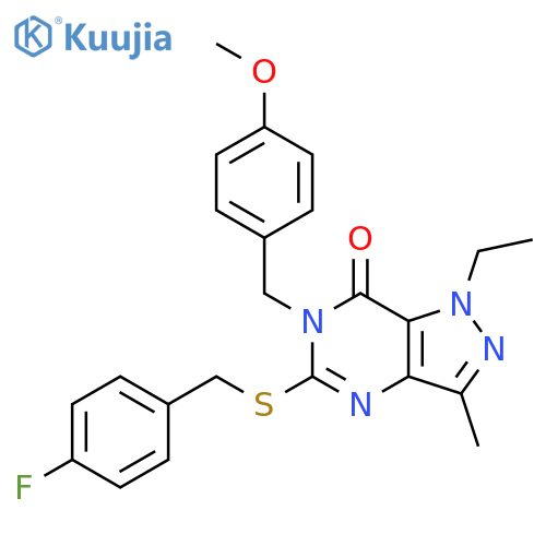1-ethyl-5-{[(4-fluorophenyl)methyl]sulfanyl}-6-[(4-methoxyphenyl)methyl]-3-methyl-1H,6H,7H-pyrazolo[4,3-d]pyrimidin-7-one structure