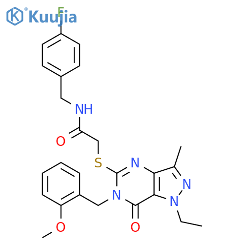 2-({1-ethyl-6-(2-methoxyphenyl)methyl-3-methyl-7-oxo-1H,6H,7H-pyrazolo4,3-dpyrimidin-5-yl}sulfanyl)-N-(4-fluorophenyl)methylacetamide structure