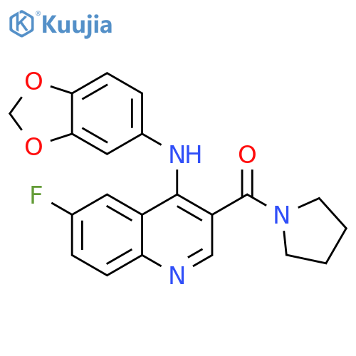 N-(2H-1,3-benzodioxol-5-yl)-6-fluoro-3-(pyrrolidine-1-carbonyl)quinolin-4-amine structure