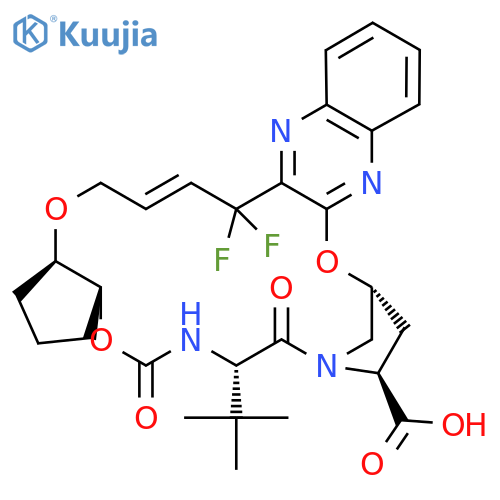 (33R,35S,91R,92R,5S)-5-(tert-butyl)-14,14-difluoro-4,7-dioxo-2,8,10-trioxa-6-aza-1(2,3)-quinoxalina-3(3,1)-pyrrolidina-9(1,2)-cyclopentanacyclotetradecaphan-12-ene-35-carboxylic acid structure