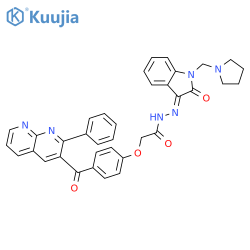 N'-[(3Z)-2-oxo-1-(pyrrolidin-1-ylmethyl)-1,2-dihydro-3H-indol-3-ylidene]-2-{4-[(2-phenyl-1,8-naphthyridin-3-yl)carbonyl]phenoxy}acetohydrazide structure
