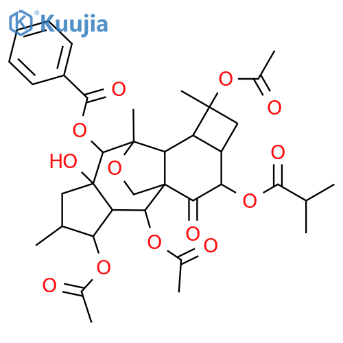 9,18-Cyclo-13,17-epoxy-3,5,8,10,14,15-hexahydroxy-7-myrsinanone; (2β,3β,5α,8β,9αH,10β,13α,14β,15β)-form, 14-Benzoyl, 8-O-(2-methylpropanoyl), 3,5,10-tri-Ac structure