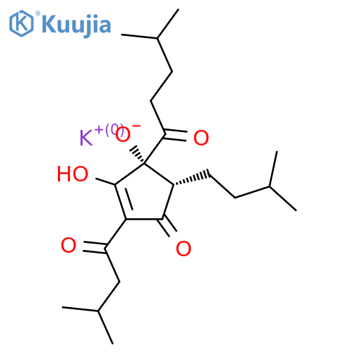 potassium;(1R,5S)-2-hydroxy-3-(3-methylbutanoyl)-5-(3-methylbutyl)-1-(4-methylpentanoyl)-4-oxocyclopent-2-en-1-olate structure