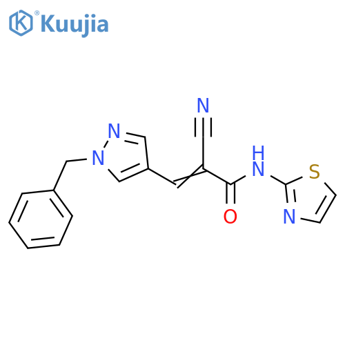 3-(1-benzyl-1H-pyrazol-4-yl)-2-cyano-N-(1,3-thiazol-2-yl)prop-2-enamide structure