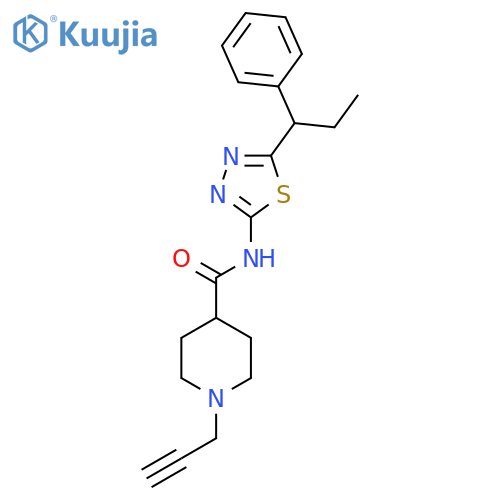 N-[5-(1-phenylpropyl)-1,3,4-thiadiazol-2-yl]-1-(prop-2-yn-1-yl)piperidine-4-carboxamide structure