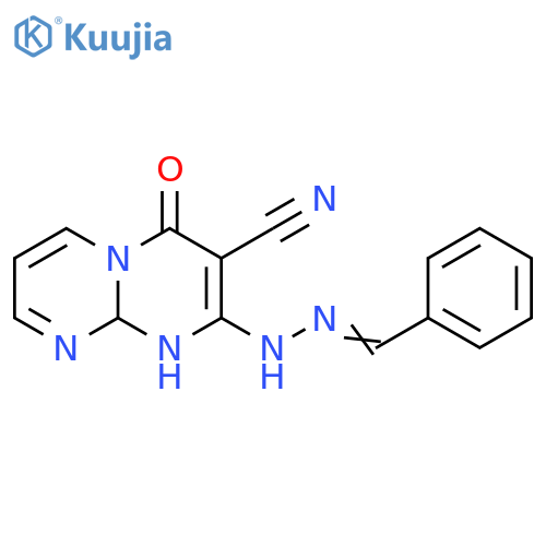 4H-Pyrimido[1,2-a]pyrimidine-3-carbonitrile,1,9a-dihydro-4-oxo-2-[(phenylmethylene)hydrazino]- structure