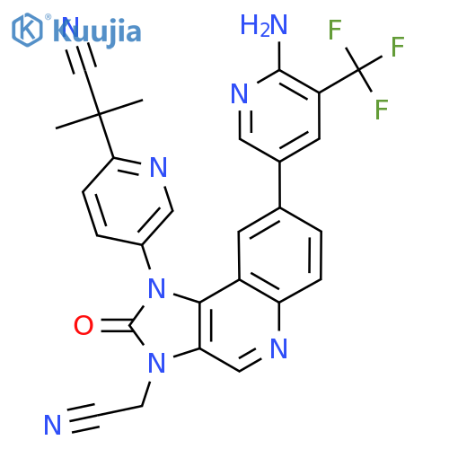 2-(5-(8-(6-Amino-5-(trifluoromethyl)pyridin-3-yl)-3-(cyanomethyl)-2-oxo-2,3-dihydro-1H-imidazo[4,5-c]quinolin-1-yl)pyridin-2-yl)-2-methylpropanenitrile structure