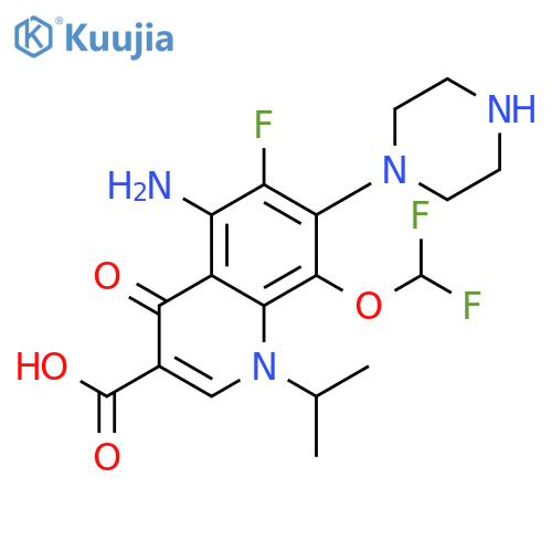 3-Quinolinecarboxylic acid,5-amino-8-(difluoromethoxy)-6-fluoro-1,4-dihydro-1-(1-methylethyl)-4-oxo-7-(1-piperazinyl)- structure