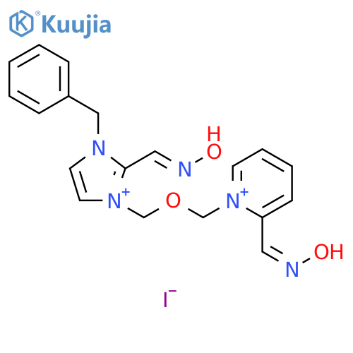 Pyridinium, 2-[(hydroxyimino)methyl]-1-[[[2-[(hydroxyimino)methyl]-1-(phenylmethyl)-1H-imidazolium-3-yl]methoxy]methyl]-, iodide (1:2) structure