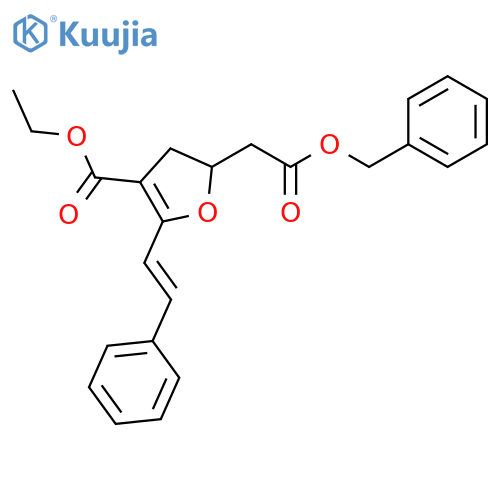 2-Furanacetic acid, 4-(ethoxycarbonyl)-2,3-dihydro-5-[(1E)-2-phenylethenyl]-, phenylmethyl ester structure