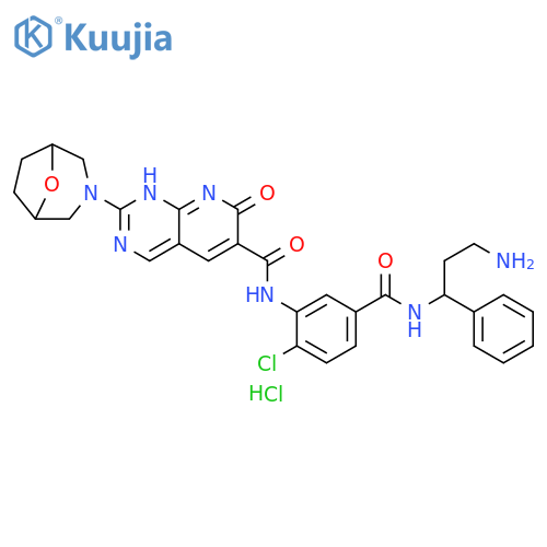 Pyrido[2,3-d]pyrimidine-6-carboxamide, N-[5-[[(3-amino-1-phenylpropyl)amino]carbonyl]-2-chlorophenyl]-7,8-dihydro-2-(8-oxa-3-azabicyclo[3.2.1]oct-3-yl)-7-oxo-, hydrochloride (1:1) structure