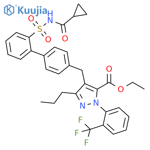 1H-Pyrazole-5-carboxylic acid,4-[[2'-[[(cyclopropylcarbonyl)amino]sulfonyl][1,1'-biphenyl]-4-yl]methyl]-3-propyl-1-[2-(trifluoromethyl)phenyl]-, ethyl ester structure