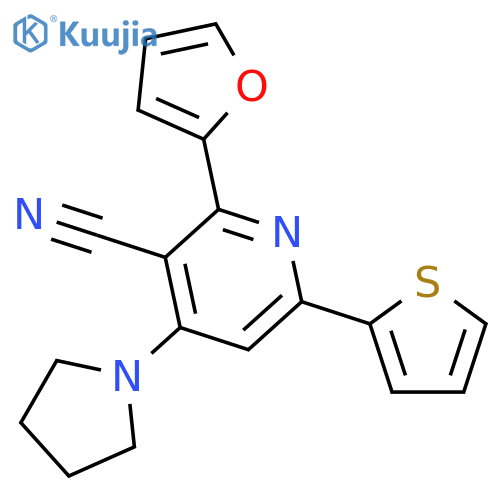 3-Pyridinecarbonitrile, 2-(2-furanyl)-4-(1-pyrrolidinyl)-6-(2-thienyl)- structure