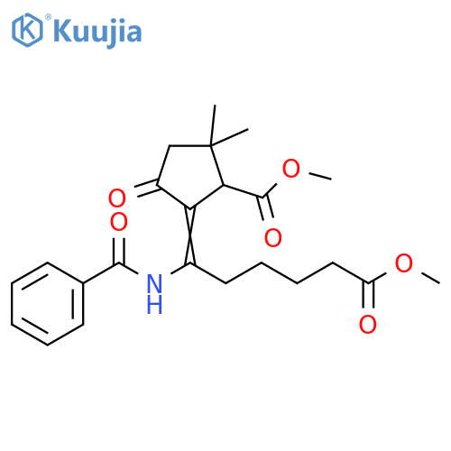 Cyclopentanecarboxylic acid, 5-[1-(benzoylamino)-6-methoxy-6-oxohexylidene]-2,2-dimethyl-4-oxo-, methyl ester structure