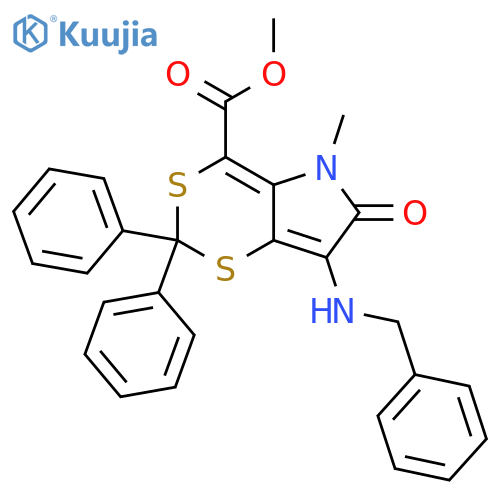 1,3-Dithiino[5,4-b]pyrrole-4-carboxylic acid, 5,6-dihydro-5-methyl-6-oxo-2,2-diphenyl-7-[(phenylmethyl)amino]-, methyl ester structure
