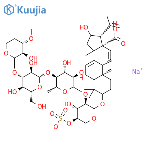 sodium (14xi)-3-{[4-deoxy-3-O-methyl-L-threo-pentopyranosyl-(1->3)-beta-D-glucopyranosyl-(1->4)-6-deoxy-D-glucopyranosyl-(1->2)-4-O-sulfonato-D-xylopyranosyl]oxy}-16-hydroxy-4,4,14-trimethyl-20-methylidenepregna-7,11-dien-18-oic acid structure