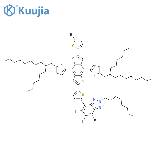 Poly[(5,6-difluoro-2-octyl-2H-benzotriazole-4,7-diyl)-2,5-thiophenediyl[4,8-bis[5-(2-hexyldecyl)-2-thienyl]benzo[1,2-b:4,5-b']dithiophene-2,6-diyl]-2,5-thiophenediyl] structure
