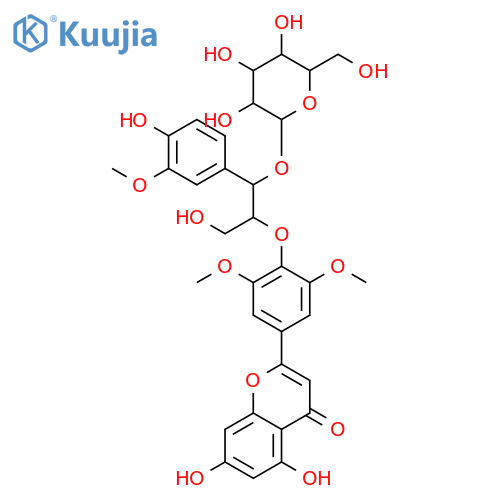 4H-1-Benzopyran-4-one, 2-[4-[(1R,2R)-2-(β-D-glucopyranosyloxy)-2-(4-hydroxy-3-methoxyphenyl)-1-(hydroxymethyl)ethoxy]-3,5-dimethoxyphenyl]-5,7-dihydroxy- structure