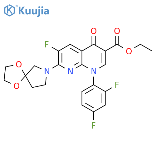 1,8-Naphthyridine-3-carboxylic acid, 1-(2,4-difluorophenyl)-7-(1,4-dioxa-7-azaspiro[4.4]non-7-yl)-6-fluoro-1,4-dihydro-4-oxo-, ethyl ester structure
