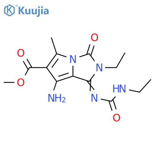 1H-Pyrrolo[1,2-c]imidazole-6-carboxylic acid,7-amino-2-ethyl-1-[[(ethylamino)carbonyl]imino]-2,3-dihydro-5-methyl-3-oxo-, methyl ester structure