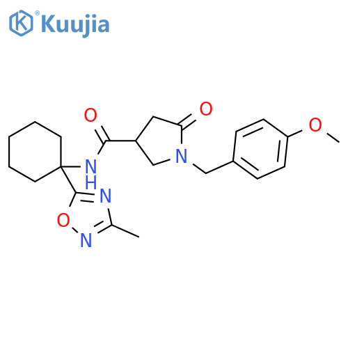 1-(4-methoxyphenyl)methyl-N-1-(3-methyl-1,2,4-oxadiazol-5-yl)cyclohexyl-5-oxopyrrolidine-3-carboxamide structure