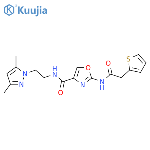 N-[2-(3,5-dimethyl-1H-pyrazol-1-yl)ethyl]-2-[2-(thiophen-2-yl)acetamido]-1,3-oxazole-4-carboxamide structure