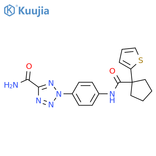 2-{4-1-(thiophen-2-yl)cyclopentaneamidophenyl}-2H-1,2,3,4-tetrazole-5-carboxamide structure