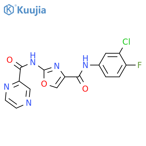 N-{4-(3-chloro-4-fluorophenyl)carbamoyl-1,3-oxazol-2-yl}pyrazine-2-carboxamide structure