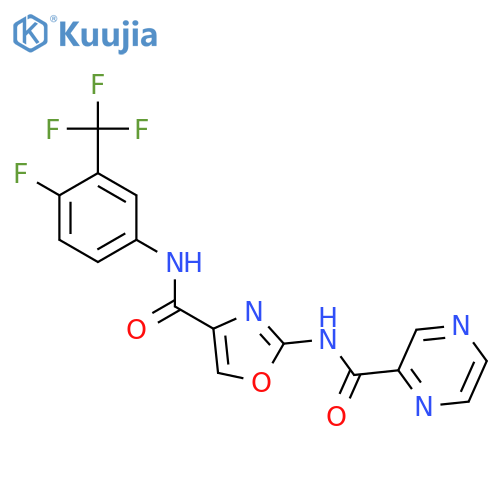N-(4-{4-fluoro-3-(trifluoromethyl)phenylcarbamoyl}-1,3-oxazol-2-yl)pyrazine-2-carboxamide structure