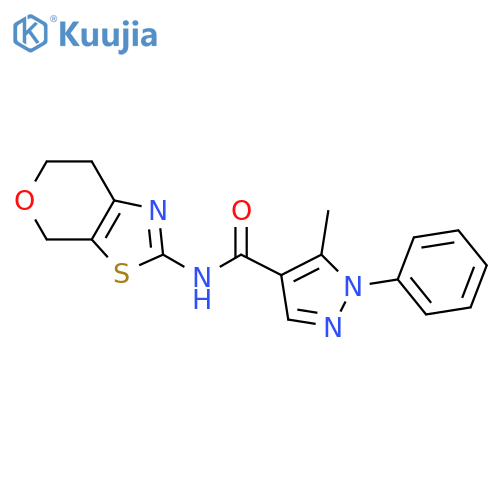 5-methyl-1-phenyl-N-{4H,6H,7H-pyrano4,3-d1,3thiazol-2-yl}-1H-pyrazole-4-carboxamide structure