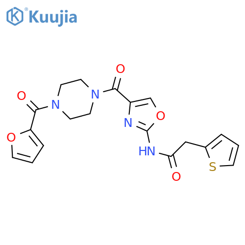 N-{4-4-(furan-2-carbonyl)piperazine-1-carbonyl-1,3-oxazol-2-yl}-2-(thiophen-2-yl)acetamide structure