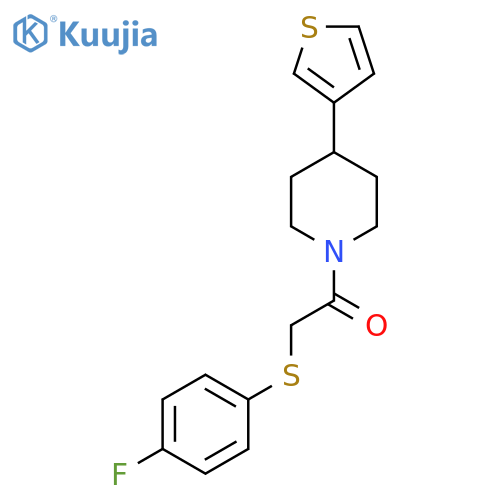 2-(4-fluorophenyl)sulfanyl-1-4-(thiophen-3-yl)piperidin-1-ylethan-1-one structure